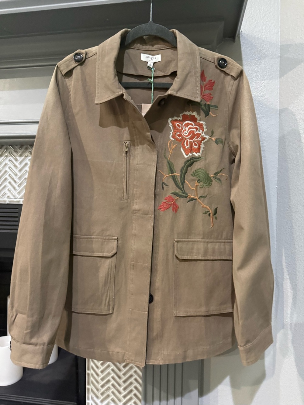 Umgee Taupe Utility Jacket with Floral Embroidery